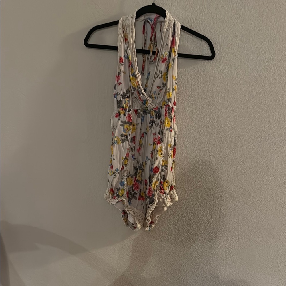 White and Red Floral Romper with Plunging Neckline